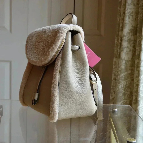 Kate Spade K9398 Leila Flap Backpack Fur Faux Shearling Light Sand - Picture 6 of 12